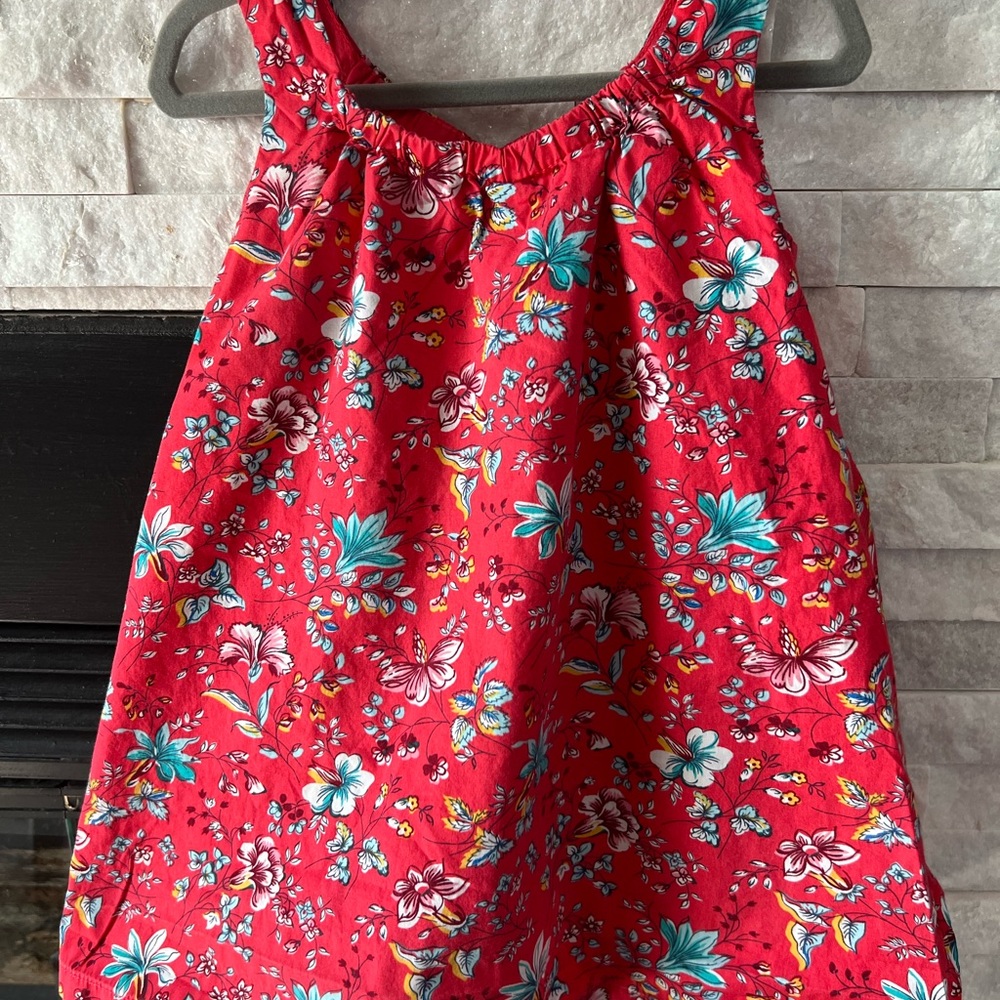 GAP Red flowered a-line dress, shoulder detail.